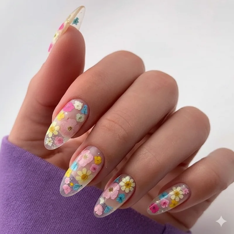 Pressed flower nails showing real violet and forget-me-not botanicals encapsulated under hard gel on short oval translucent jelly base finish