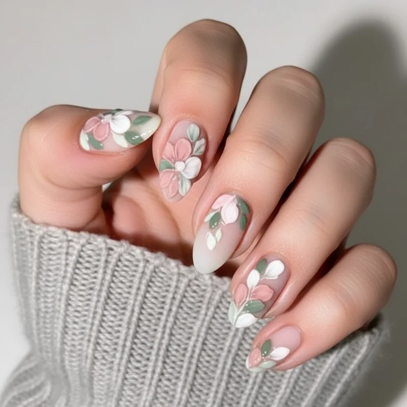 Spring 2026 floral nail trend comparison showing dimensional 3D bloom placement versus flat petal pattern on neutral milky base polish