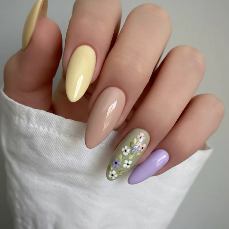 Spring floral nail colour palette 2026 showing butter yellow sage green nude blush milky white and lavender base swatches with floral petal combos