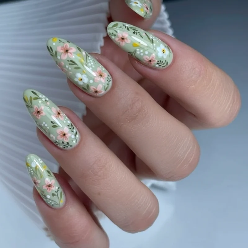 Wildflower meadow nails showing intentional botanical scatter pattern with daisies forget-me-nots and sprig details on pale sage green base