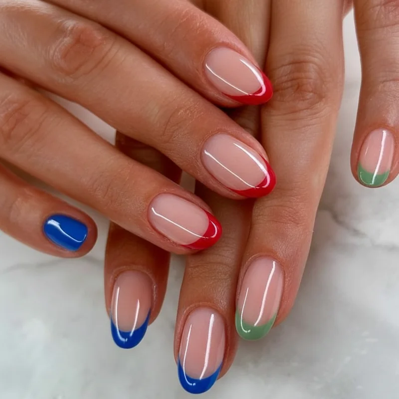 Colourful french tips featuring cobalt blue cherry red sage green and skittle nail variations on sheer milky bases for spring