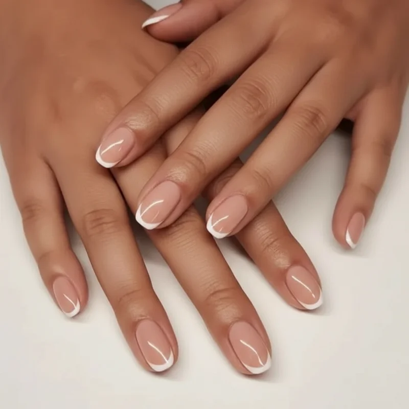 Micro french tip nails with razor thin one millimetre smile line on sheer milky nude base showing barely there spring finish