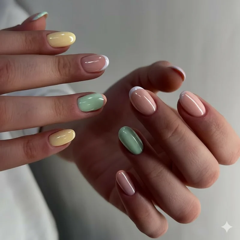 Pastel french tip nails spring 2026 palette showing butter yellow lilac mint and peach tips on milky and sheer nude bases