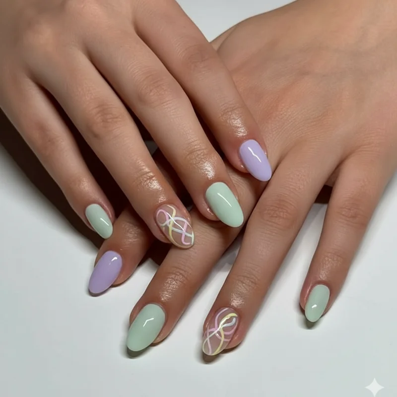 Abstract swirl nails showing freehand pastel sage and cream curved lines on white base created with thin liner brush beginner tutorial