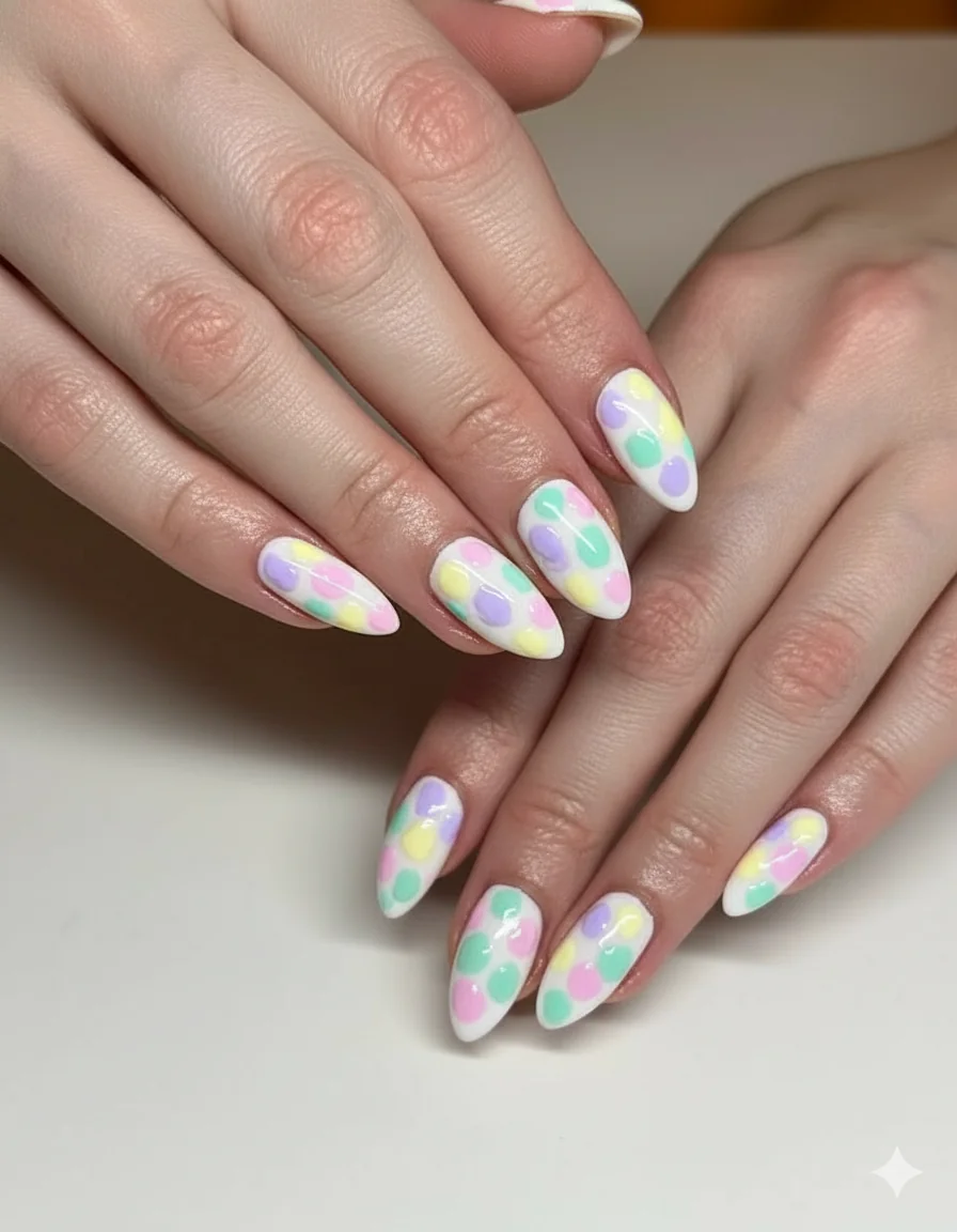 Confetti nail art showing scattered coral mint and yellow colour patches on sheer nude base using torn sponge beginner diy spring tutorial