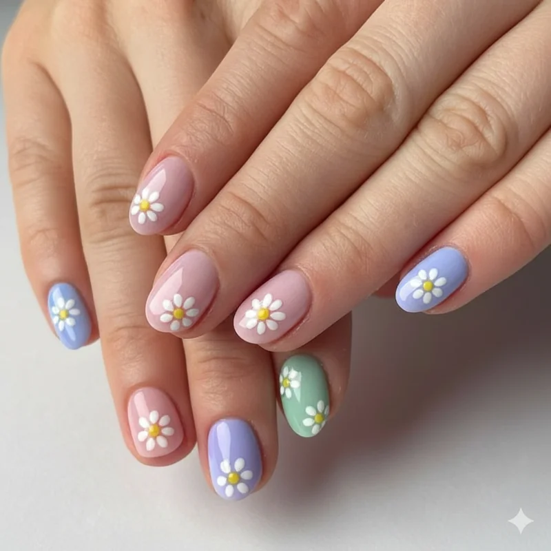 Daisy dot nails created with toothpick showing five white petals around yellow centre dot on pastel pink base spring beginner tutorial