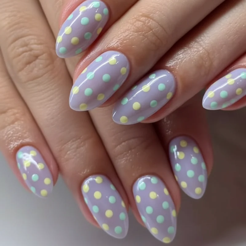 Pastel polka dot nails showing lavender dots on soft mint base created with bobby pin scatter technique for beginner spring nail art
