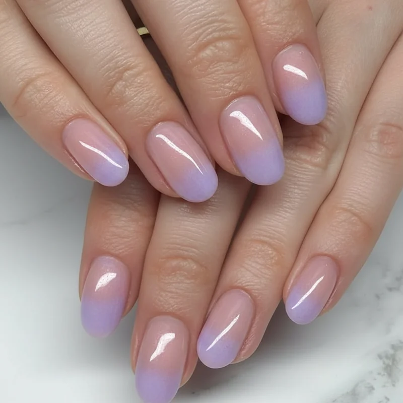 Sponge ombre gradient nails showing blended pastel pink to lilac transition using makeup sponge technique on natural nails at home