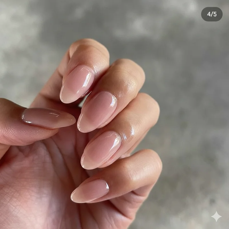 Milky pink and blush nails with glazed high gloss finish showing skin-close sheer polish formula on short nails spring 2026
