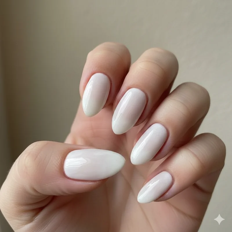 Milky white Cloud Dancer soap nails showing translucent sheer finish with high gloss top coat on short nails spring 2026