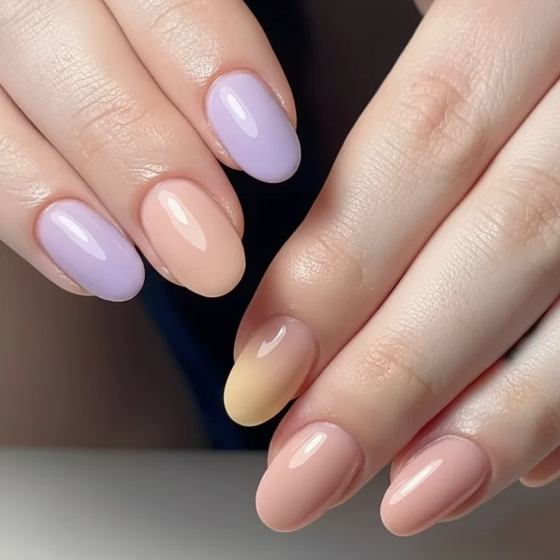Nail finish comparison flatlay showing jelly sheer chrome and high gloss types on four nail tips spring 2026 finish guide