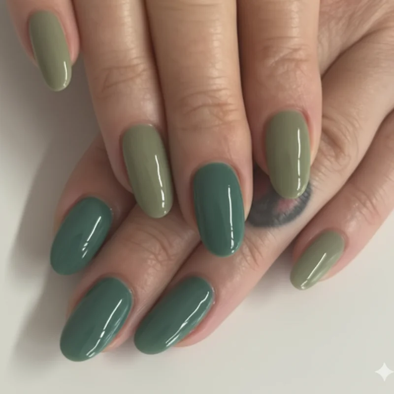 Sage green and jade green nails side by side showing muted grey-green versus saturated blue-green finish for spring 2026
