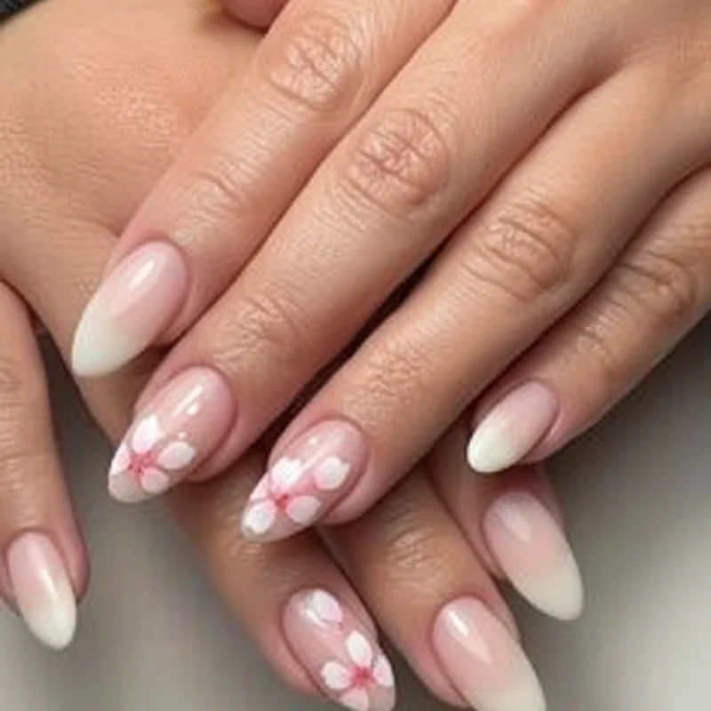 3D gel flower sculpted tulip spring nails on white and sage green base showing dimensional petal art on accent nail detail