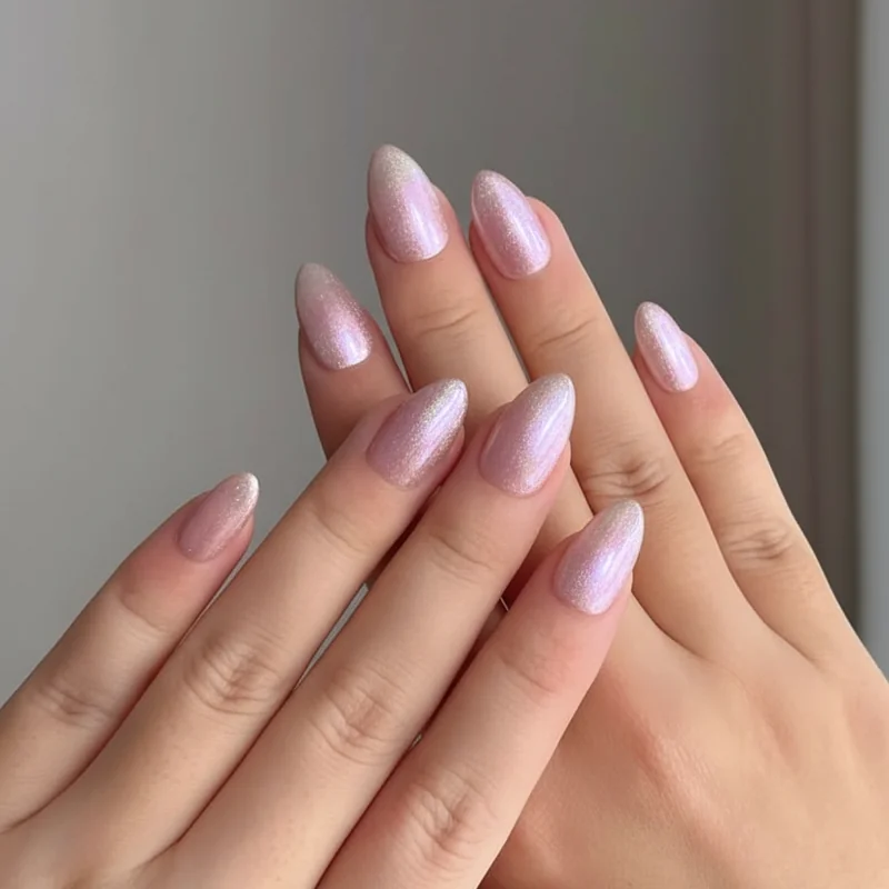 Almond nails chrome powder spring 2026 aurora gradient pastel finish showing iridescent colour shift on long almond extensions