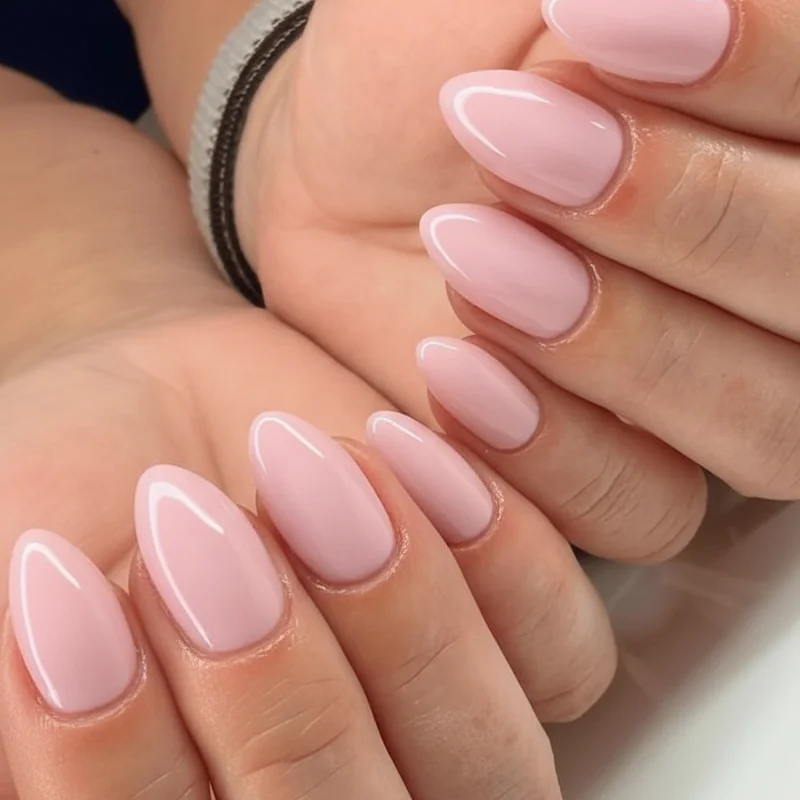 Almond spring nails 2026 short length pastel pink glossy gel overlay showing classic elongated shape clean editorial finish