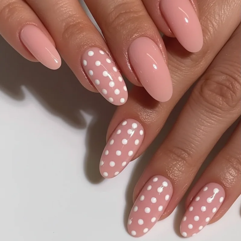 At home spring nail polka dot DIY result pastel pink base white micro dots oval shape clean finished look beginner skill level