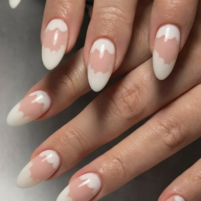 Baby blue spring nails 2026 on oval shape showing soft sky pastel shade with silver accent detail and high gloss finish