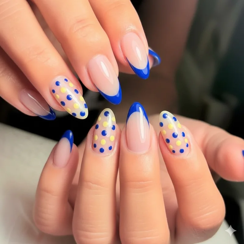 Blue and yellow polka dot nails spring showing Google Trends top colour combo with French tip accent and tonal contrast design
