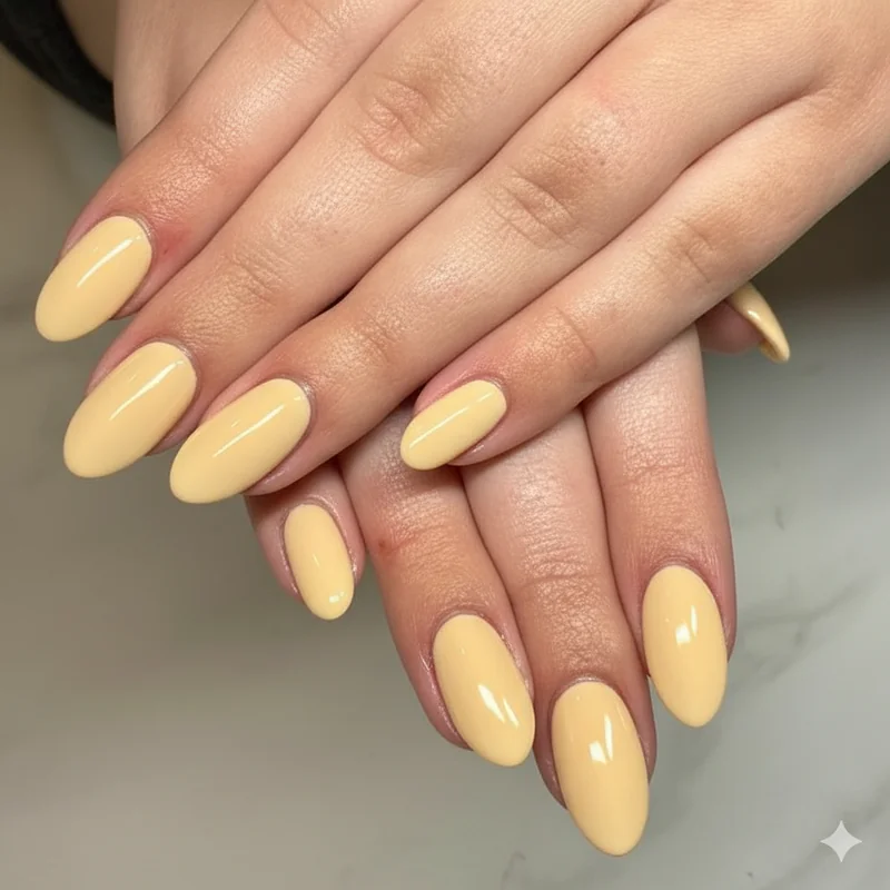 Butter yellow nails spring 2026 showing creamy soft pastel shade on almond shaped nails with glossy top coat finish
