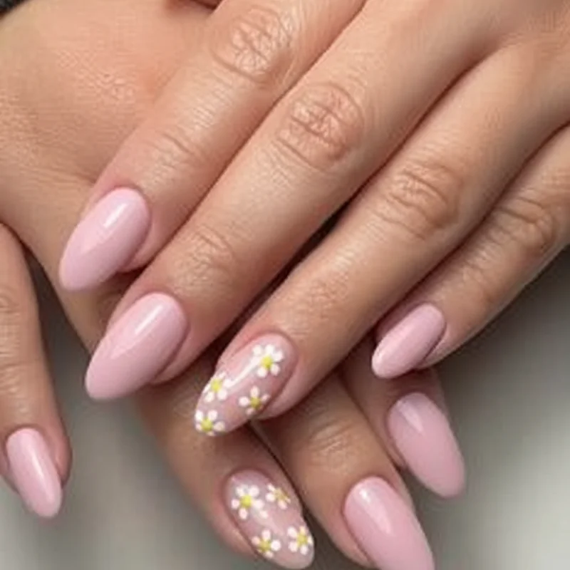 Cherry blossom nails spring 2026 pale pink watercolour petal art on almond shaped set with delicate branch detail and soft finish