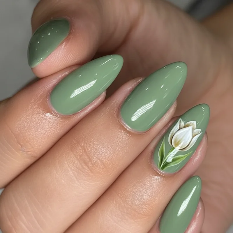 Cottagecore floral nails spring lavender base with scattered hand painted botanical art tiny flowers leaves delicate detailing