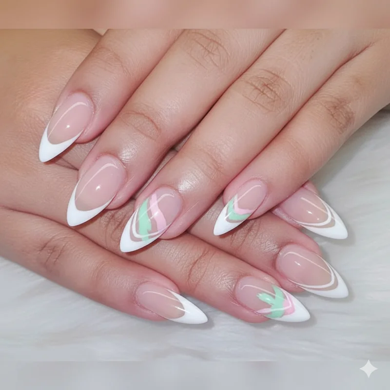 Double line French tip spring nails abstract brushstroke reverse tip design on almond shape editorial modern nail art style