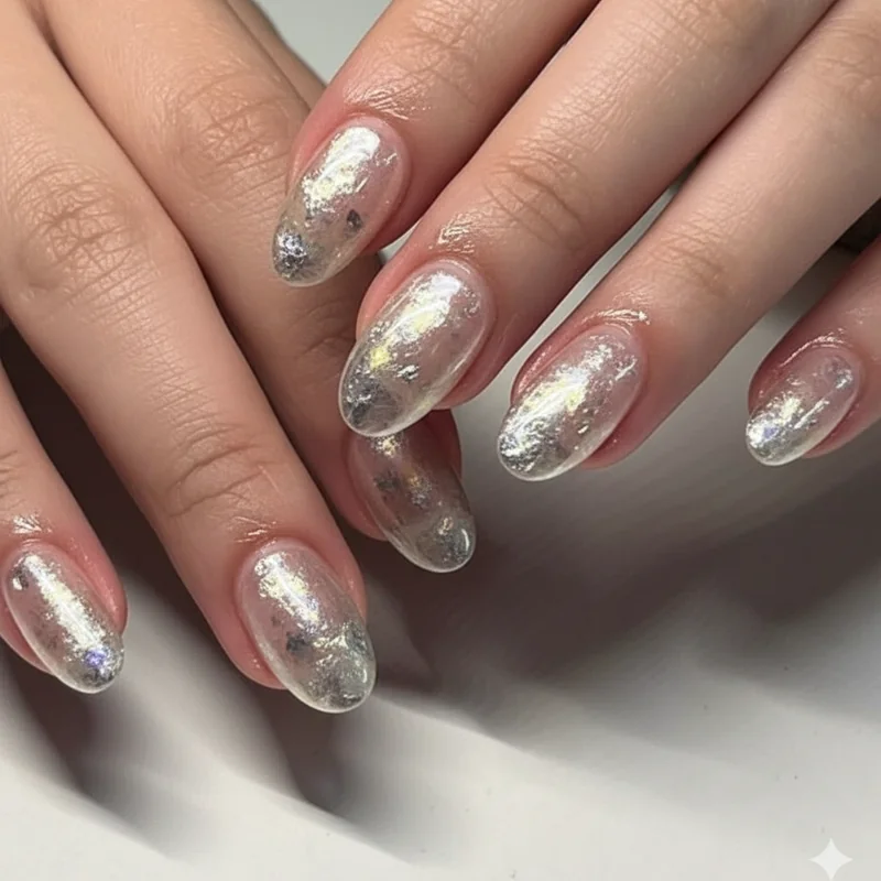 Glass nails spring 2026 foil sheer jelly chrome reflective finish on oval shape showing translucent mirror like dimensional effect