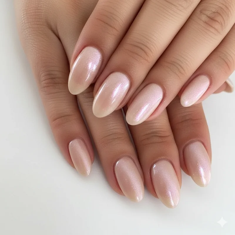 Glazed donut nails spring 2026 high shine wet look pearl finish on oval nude base showing dimensional gloss and light reflection