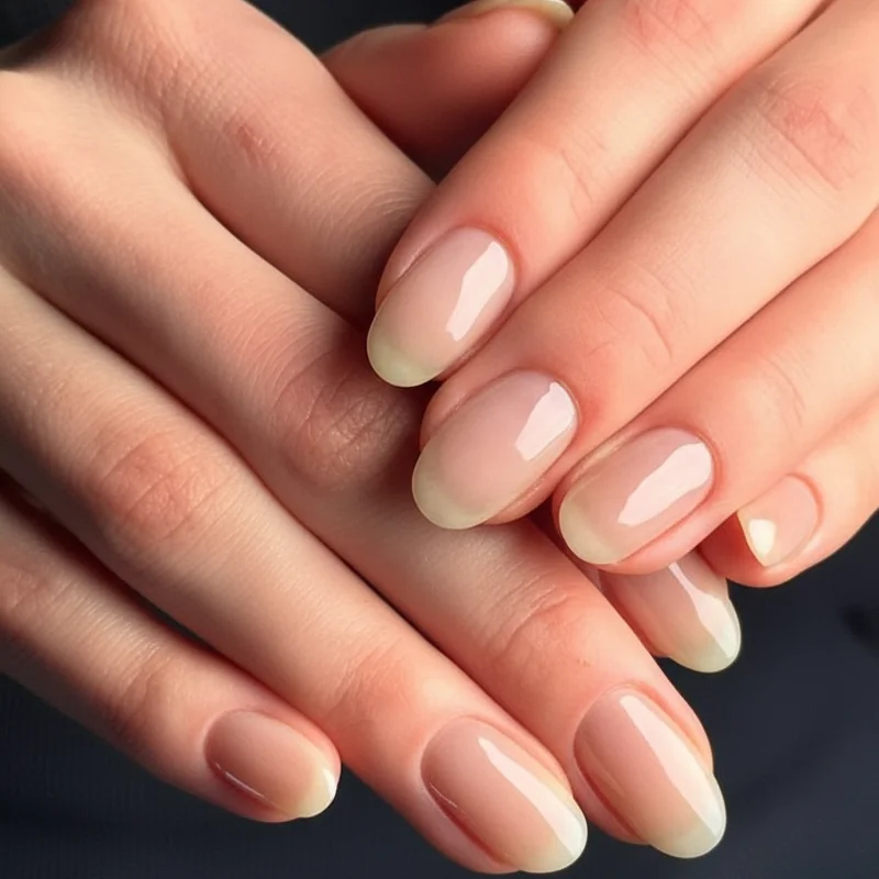 Jelly nails spring translucent sheer pink layered finish on oval shape showing glass like glossy texture and soft colour depth