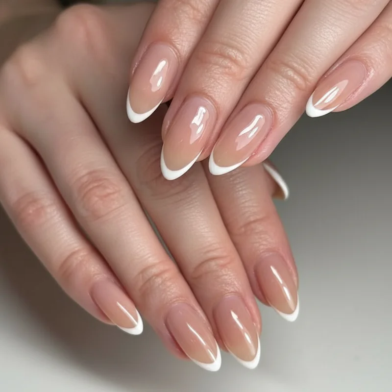 Micro French tip nails spring ultra thin precise white line on almond shaped nails with sheer milky base and glossy finish