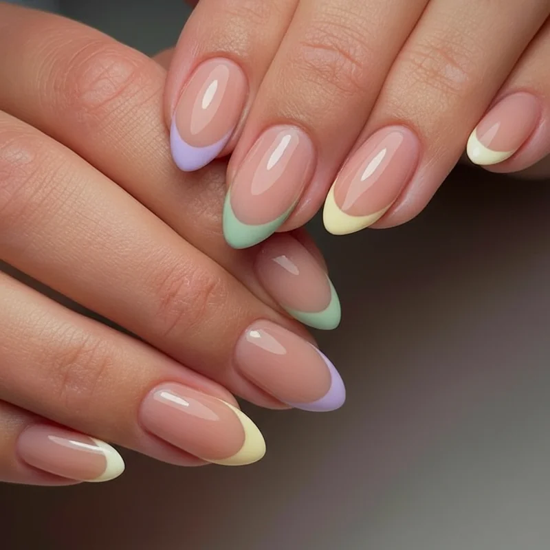 Pastel French tip spring nails showing lilac sage and butter yellow coloured tips on natural base almond oval shape set