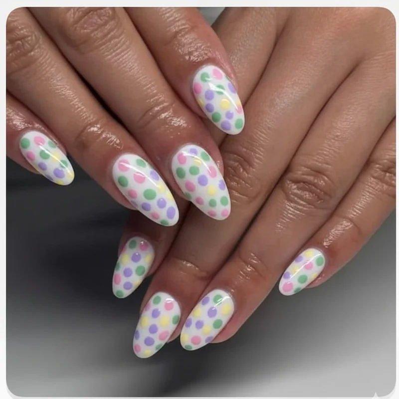 Pastel polka dot spring nails blush sage lilac butter yellow confetti placement on oval set playful spring seasonal design