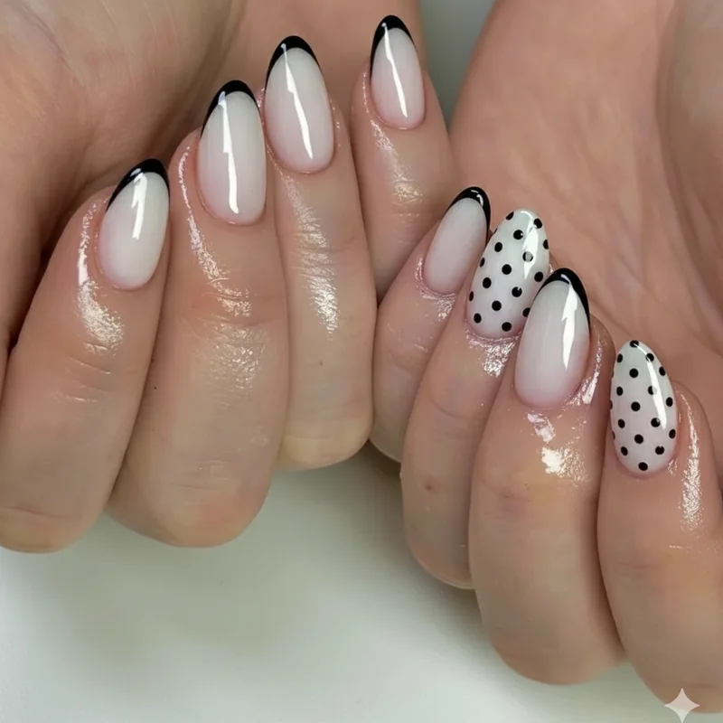 Polka dot French tip combo spring nails black and white classic colour combination showing modern minimalist dot accent design