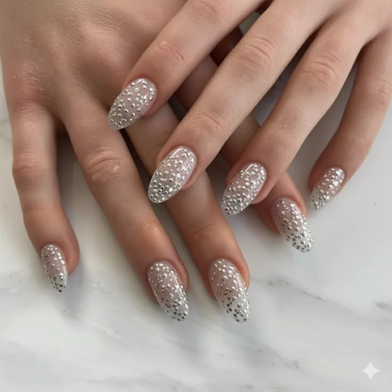 Polka dot nails spring 2026 chrome micro dots on sheer milky base showing modern playful pattern on oval almond shaped nails