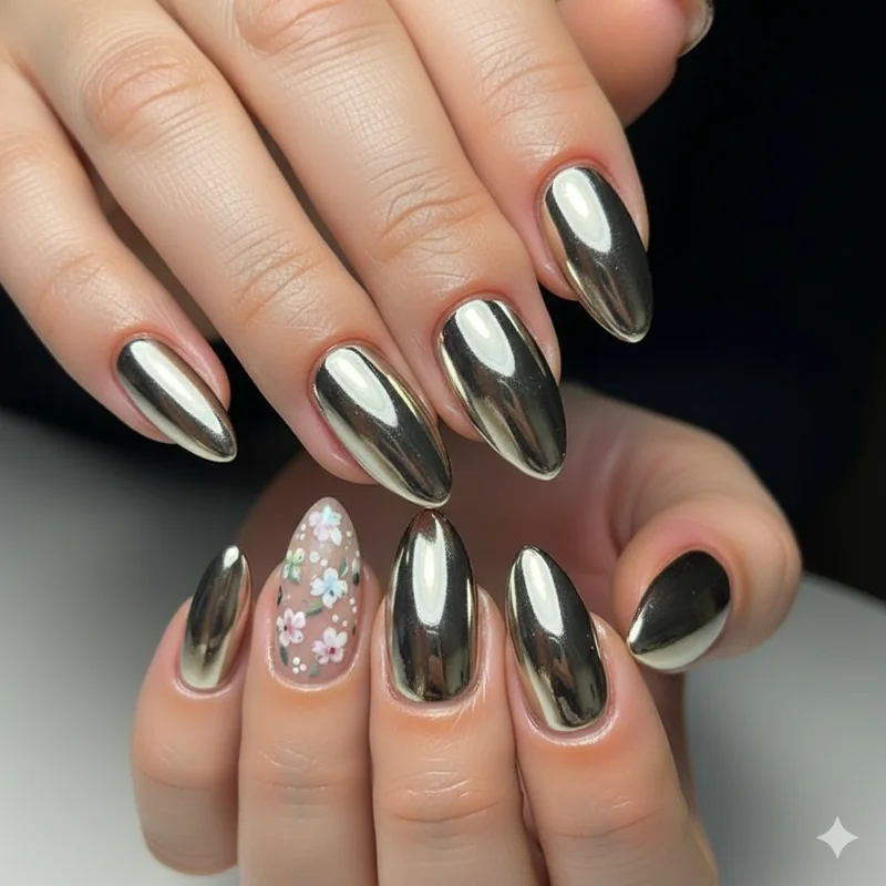 Press on nails spring 2026 almond shape floral and chrome design set in packaged kit showing salon quality at home option