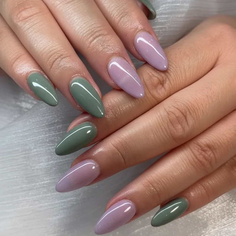 Sage green and milky lavender spring nail colour palette swatches showing soft earthy and pastel tones for 2026 season