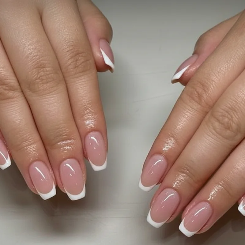 Short nail spring micro French tip ultra thin line on sheer pink base squoval shape clean precise modern minimalist finish