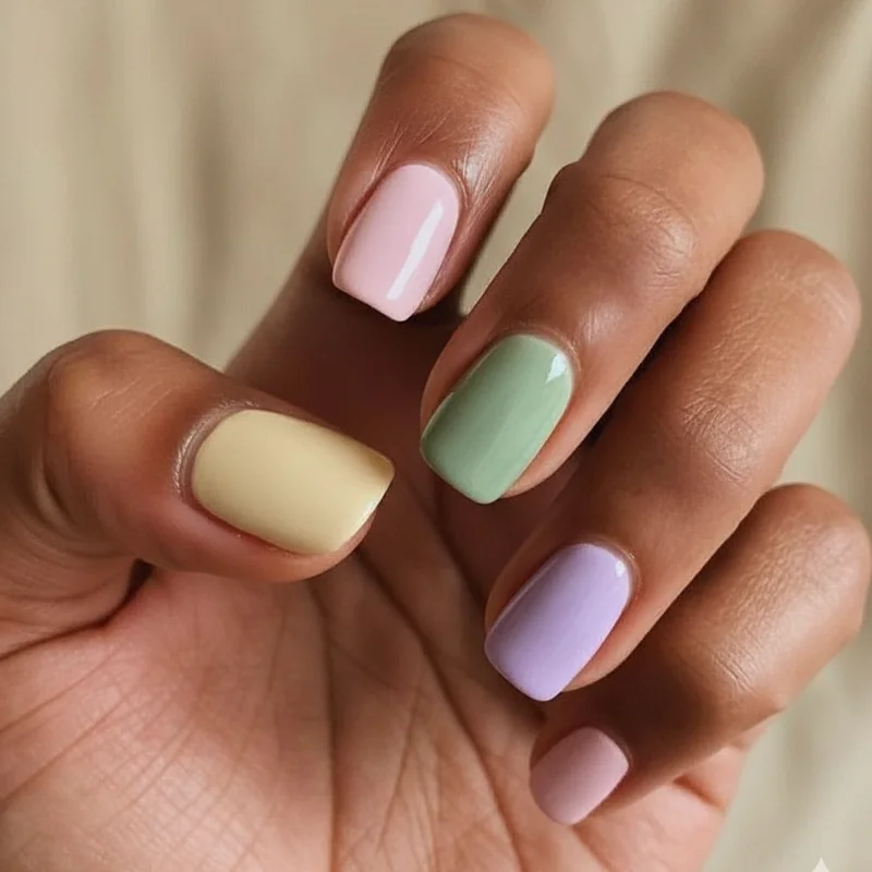 Short round spring nails pastel skittle mix set showing butter yellow blush pink and sage green each finger different shade