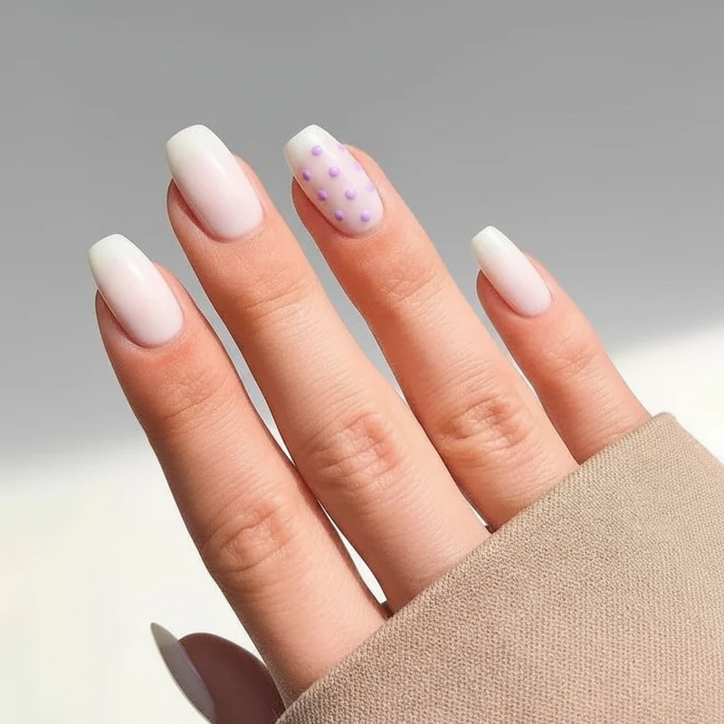 Short spring nails 2026 squoval shape milky white base with single micro dot accent nail clean minimal editorial design 2026