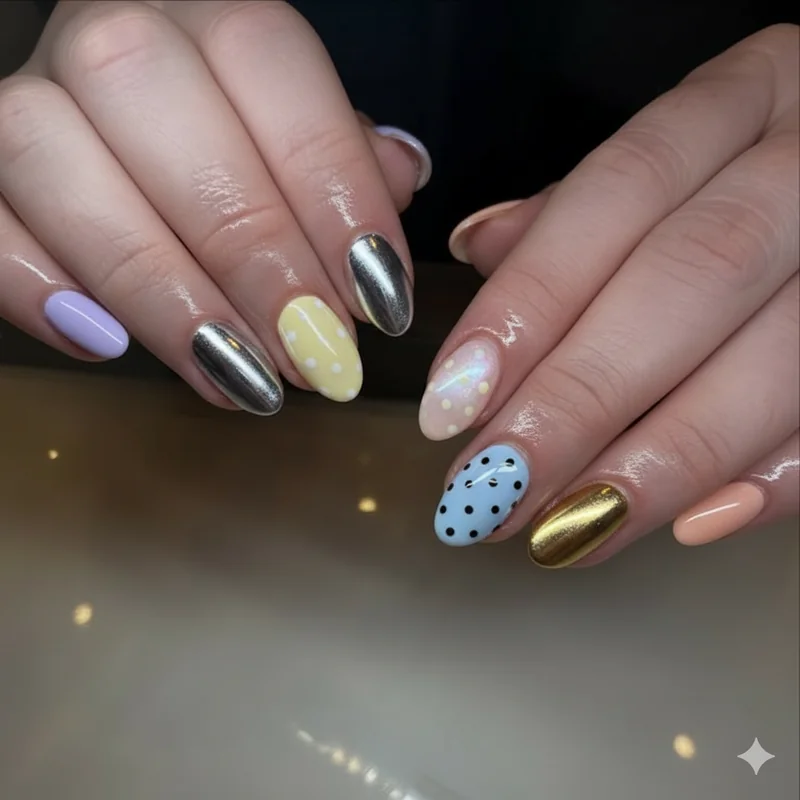 Spring 2026 nail trend overview showing pastel chrome polka dot and glazed donut designs in a seasonal collage layout