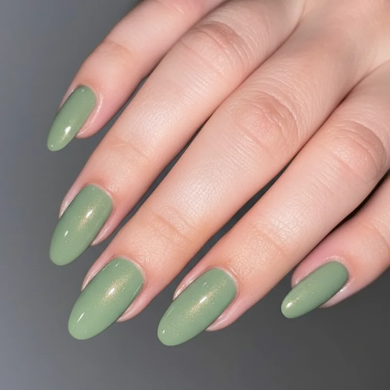 Spring acrylic nails coffin shape sage green with chrome powder finish salon quality set showing long structured free edge