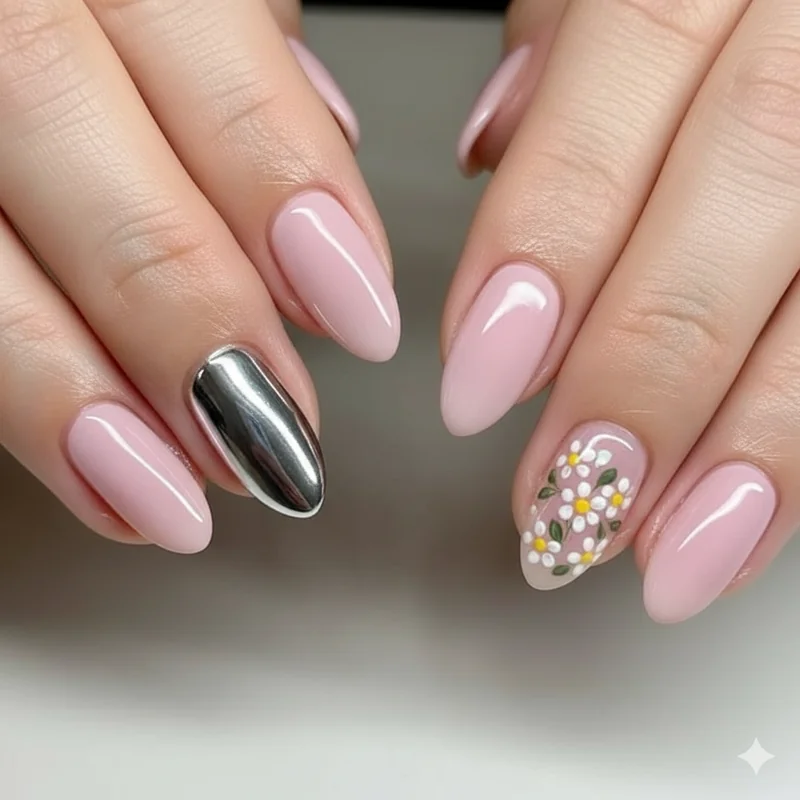 Spring gel nails 2026 salon quality almond pastel set with chrome and hand painted floral accent nail professional finish