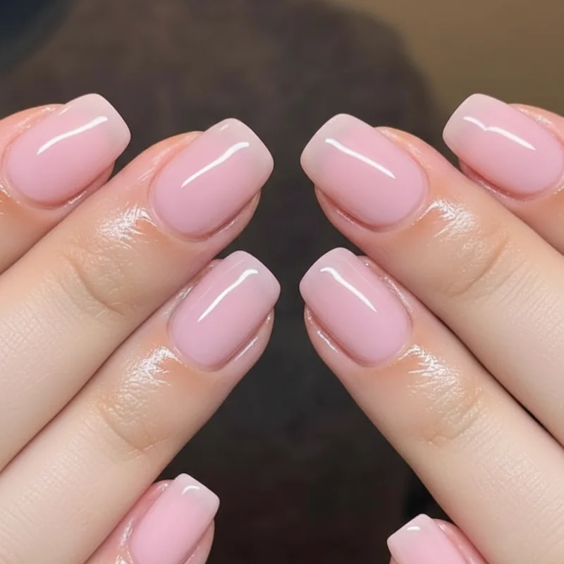 Spring gel overlay short natural nail milky pink glossy squoval finish salon quality clean minimalist spring 2026 manicure
