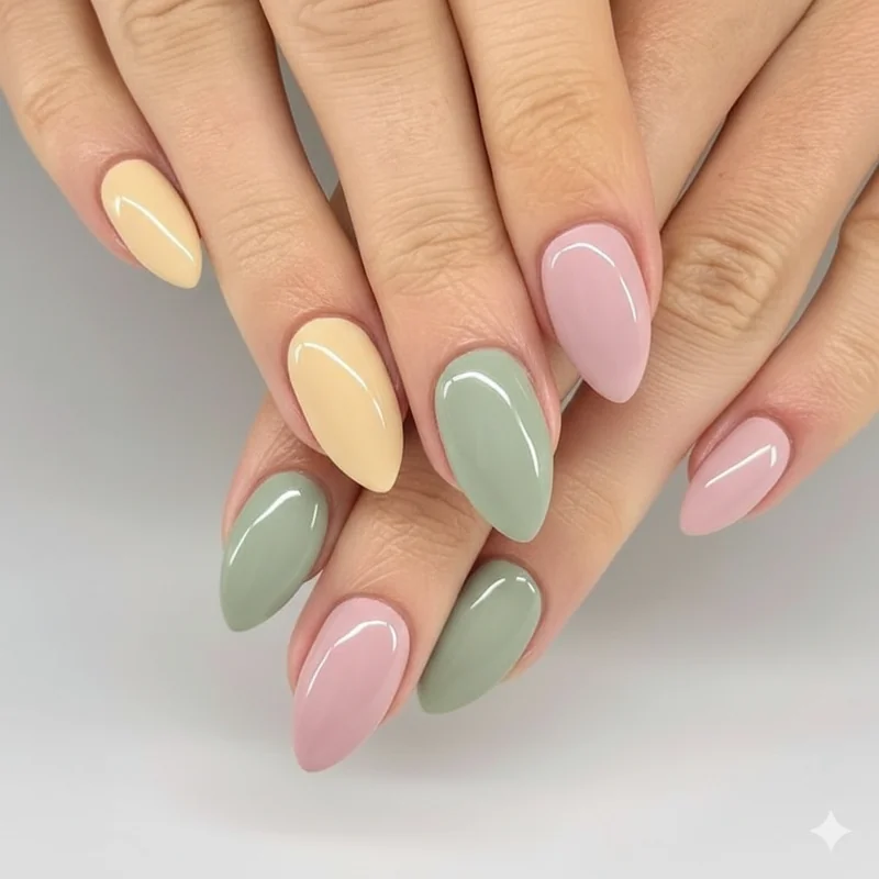 Spring nail polish 2026 butter yellow sage green milky pink gel polish bottles arranged flat lay showing top spring shade picks