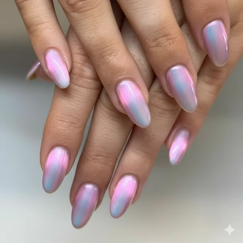 Cat eye opalescent nails spring 2026 showing magnetic aurora mermaid chrome finish on short almond nails with colour-shifting gel effect