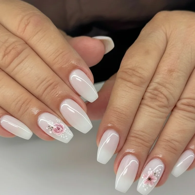 Micro floral nail art 2026 showing single hand-painted bloom in soft pink on sheer base with precise spring salon nail detail work