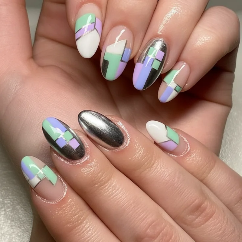 Neo Deco geometric nail art spring 2026 showing chevron checkerboard design in pastel chrome on squoval nails with clean precise lines