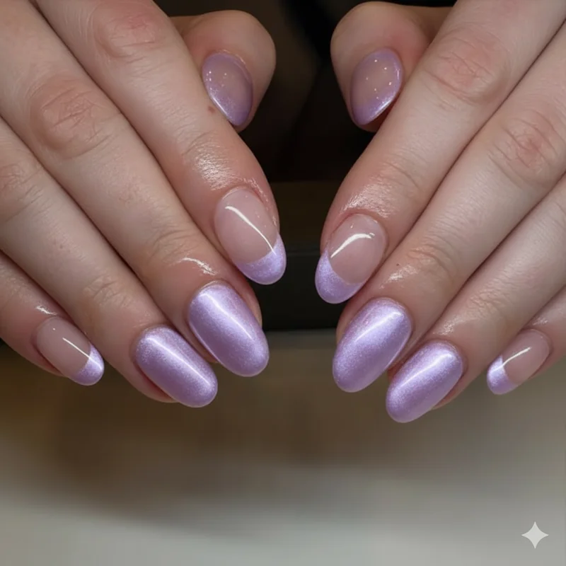 Pastel chrome French tip spring 2026 showing lilac reverse micro tip nail art on short almond nails with soft matte base finish