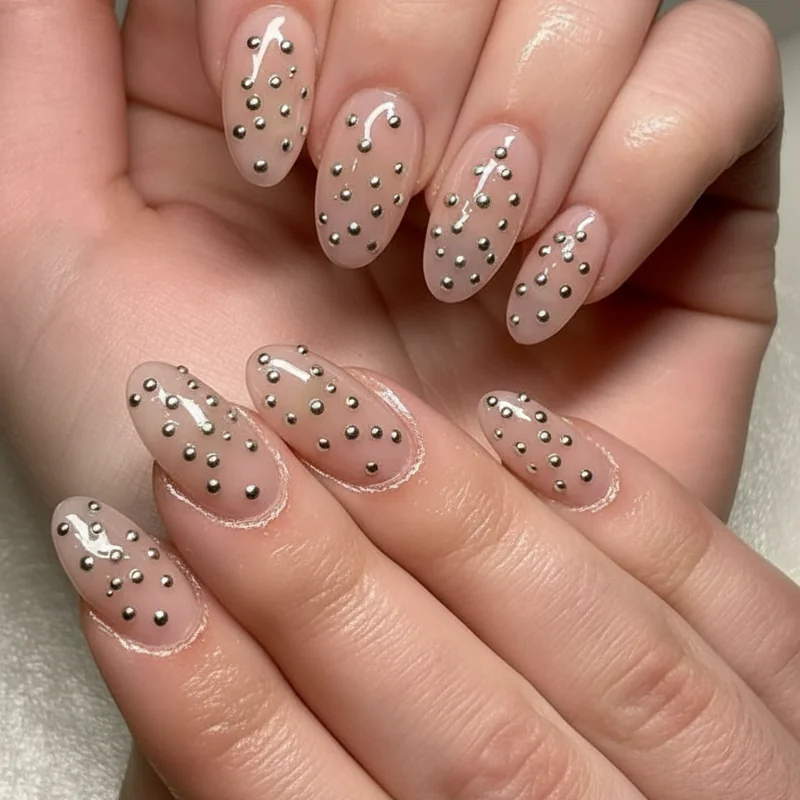 Polka dot nails 2026 showing chrome micro dots on sheer jelly pink base with confetti placement spring salon manicure trend