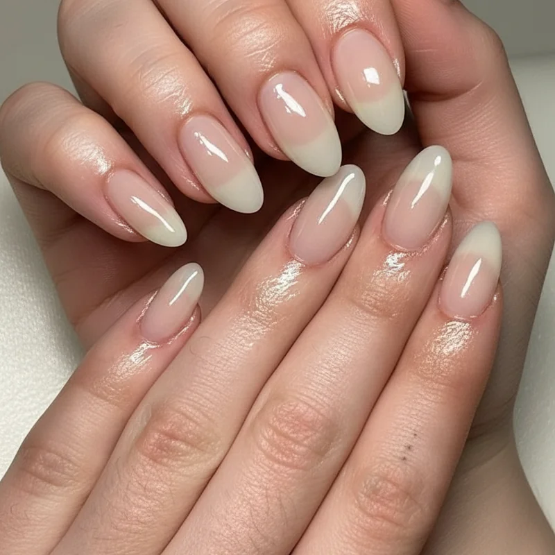 Quiet luxury spring manicure 2026 featuring sheer milky white finish on short almond nails with soft luminous gel texture